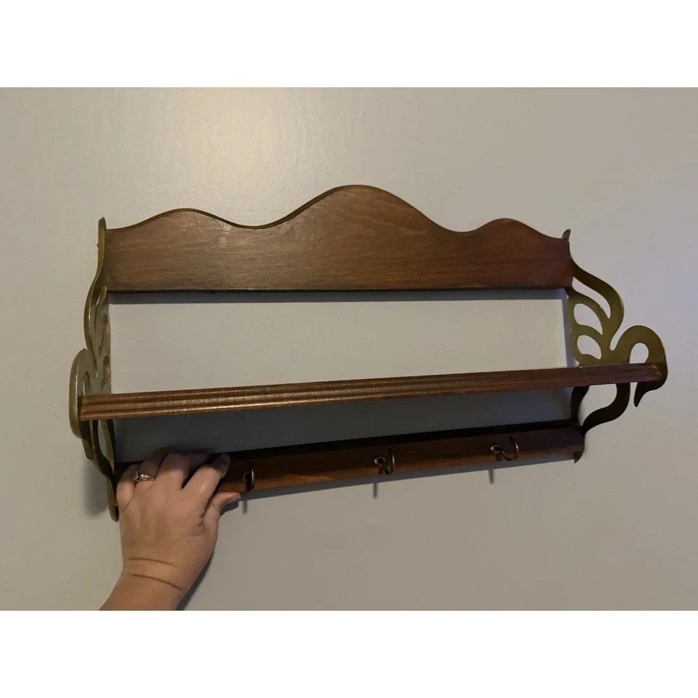 Antique MCM Brass Wood Swan Wall Mount Shelf Coat Rack 3 Hook Rare Style 21